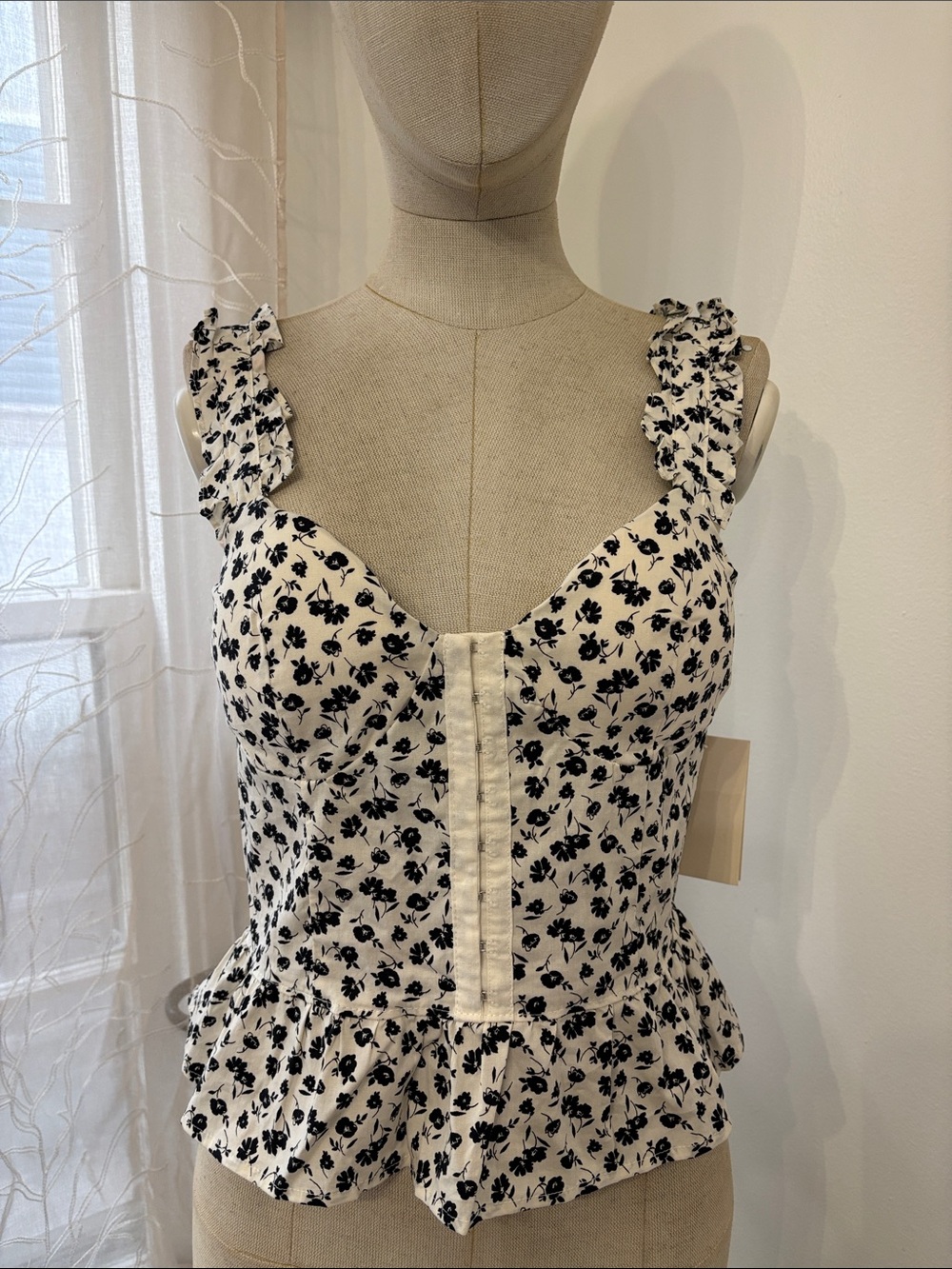 meraki White Bustier Mini Dress with Black Floral Print